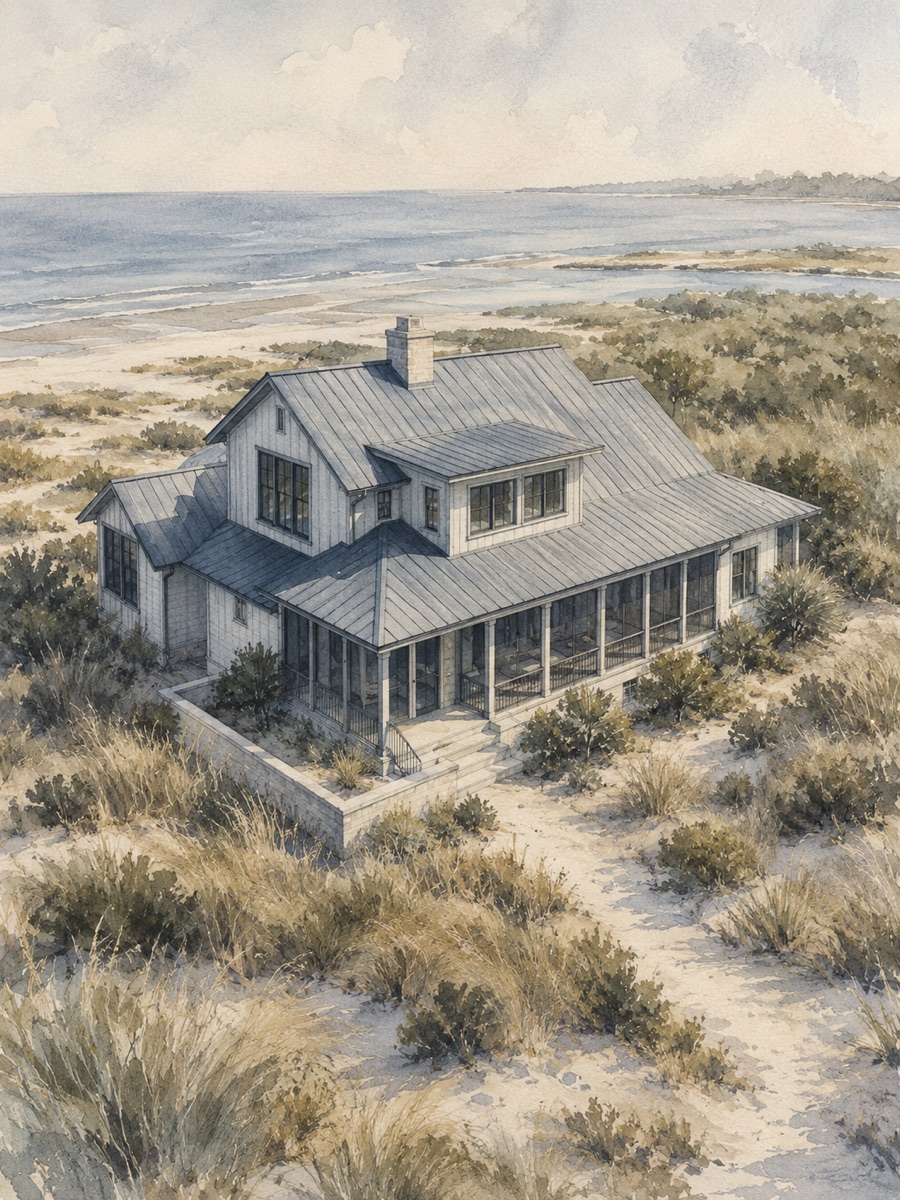 Estate Portrait — hand-finished aerial painting of a coastal home in the dunes