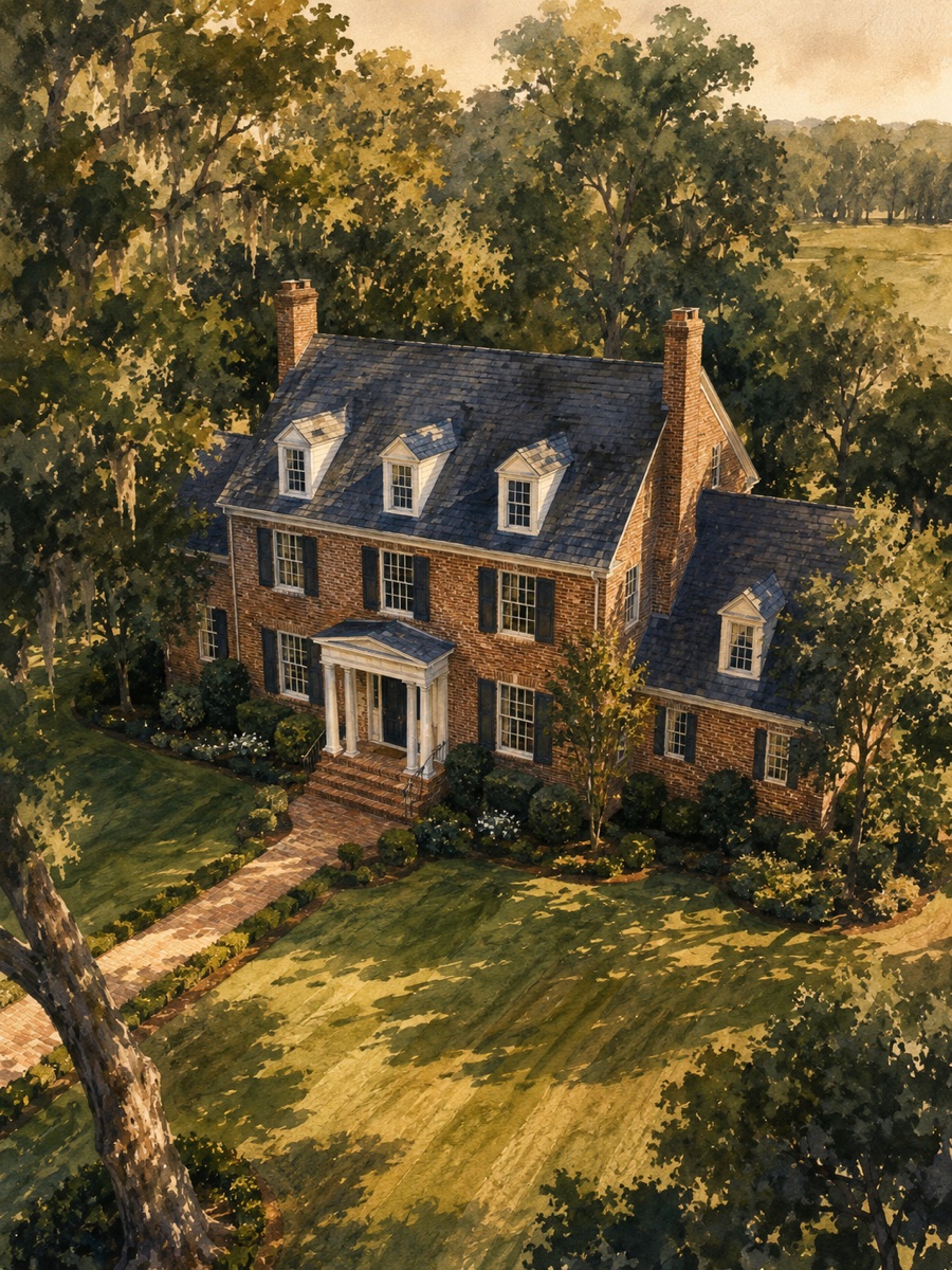 Estate Portrait — hand-finished aerial painting of a brick Southern estate among oaks