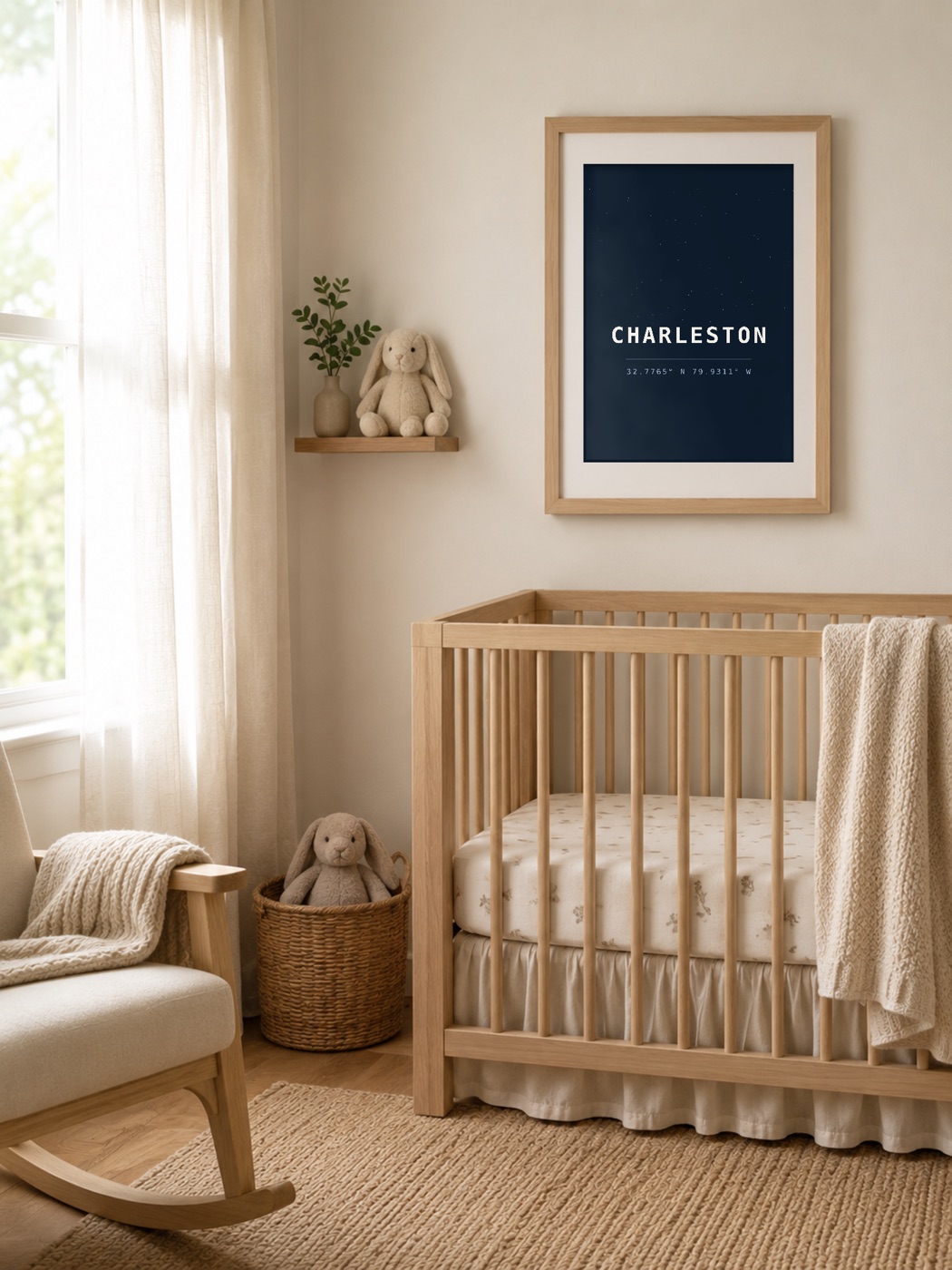Framed custom star map hanging in a family living room