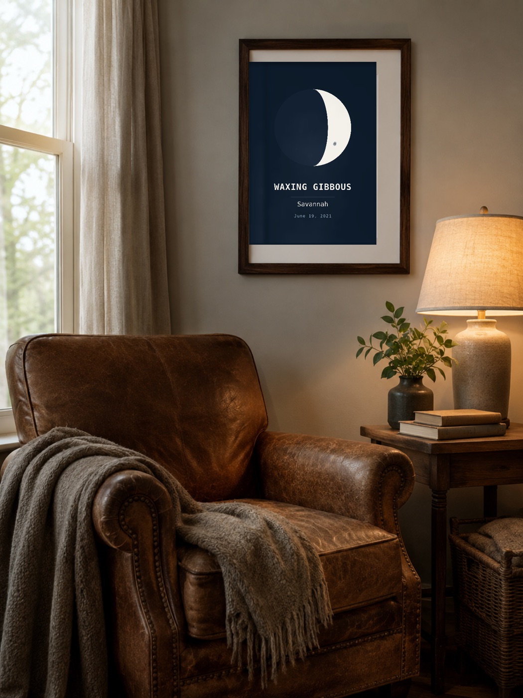 Framed night sky print in a quiet living room