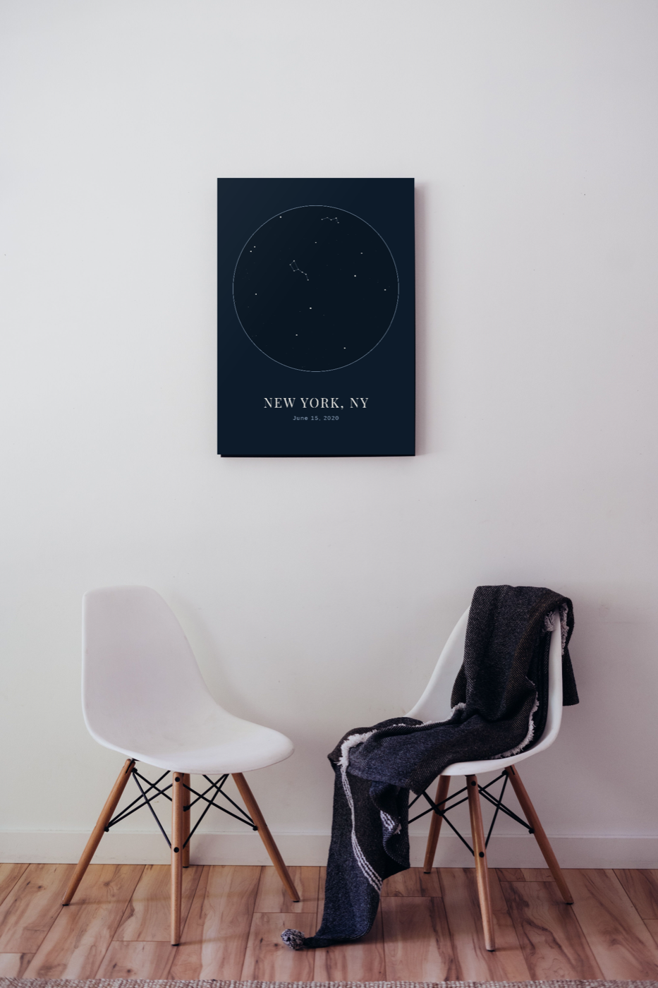 Framed custom star map in a living room
