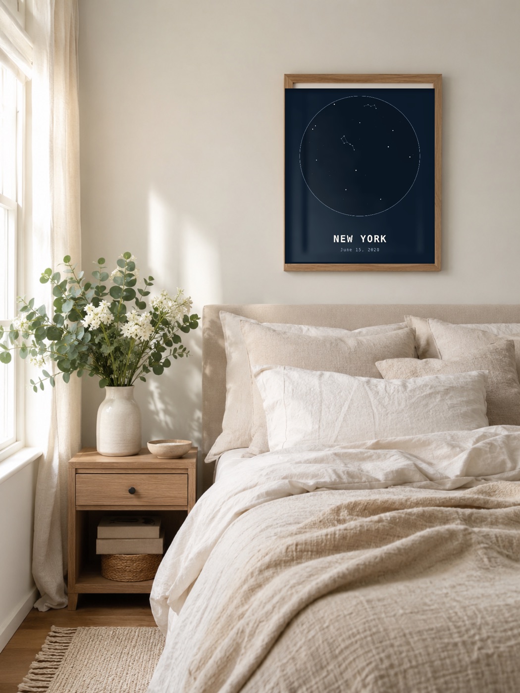 Framed custom star map hanging in a living room